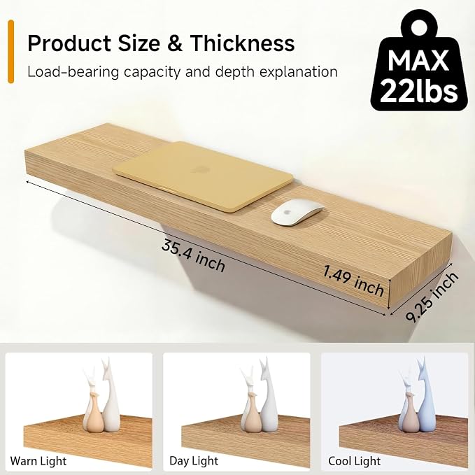 Oak Floating Shelves Set of 2，35.43in Wall Mounted Display Ledge Shelves for Bedroom, Bathroom, Living Room and Kitchen Decoration Storage