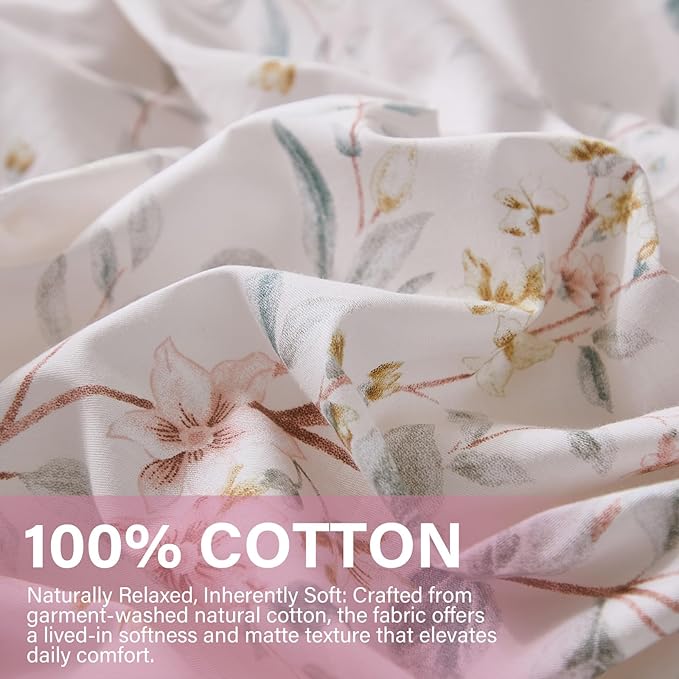 Duvet Cover Set Queen Size 3-PC Chic Garden Floral Ultra Soft 100% Long Staple Cotton Comforter Cover, Reversible Breathable Duvet Cover with Zipper Closure, Lightweight, All Season