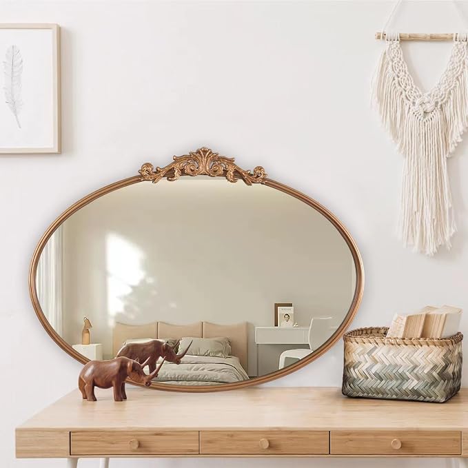 OUSHUAI Gold Oval Mirror for Wall,Baroque Fireplace Decor,Brass Wall Mirror,Victorian Vintage with Full Matel Frame,Ornate Entryway/Bathroom/Living Room/Hallway 36''X24'' (XD-004ZM)