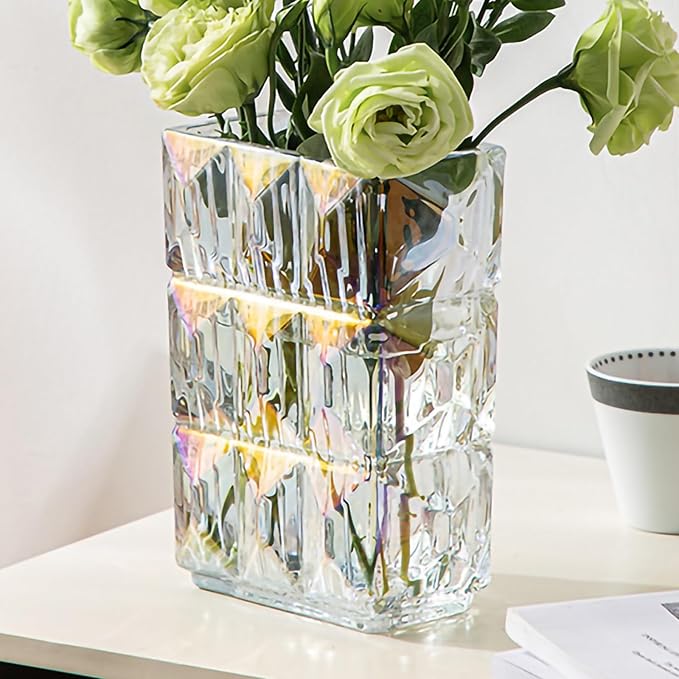 Glass Flower Vase, Clear Crystal Vases for Centerpieces, Heavy Handmade Modern Vases for Decor Home Bedroom Kitchen Office Living Room, 7.88 Inch (Clear Iridescent)
