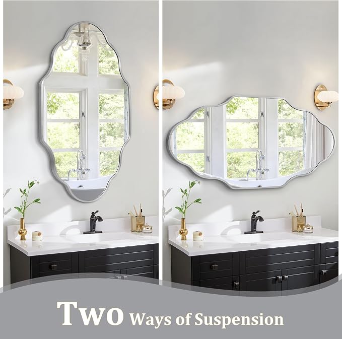 Scalloped Mirror for Bathroom - 20"x36" Silver Bathroom Mirror with Aviation Aluminum Alloy Frame & Shatter-Proof Glass for Living Room Bedroom Entryway, Brushed Silver Frame
