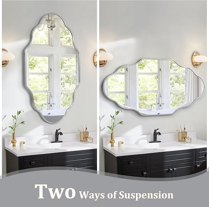 Scalloped Mirror for Bathroom - 24"x36" Silver Bathroom Mirror with Aviation Aluminum Alloy Frame & Shatter-Proof Glass for Living Room Bedroom Entryway, Brushed Silver Frame(x1)