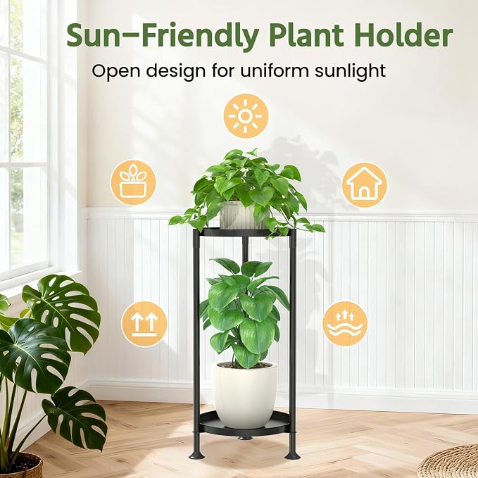 LASZOLA 2 Tier Plant Stand Indoor with Large Metal Tray, Corner Round Flower Holder Rack Tall Outdoor, Morden Planter Display Shelf for Patio Porch Garden Office Living Room, Black