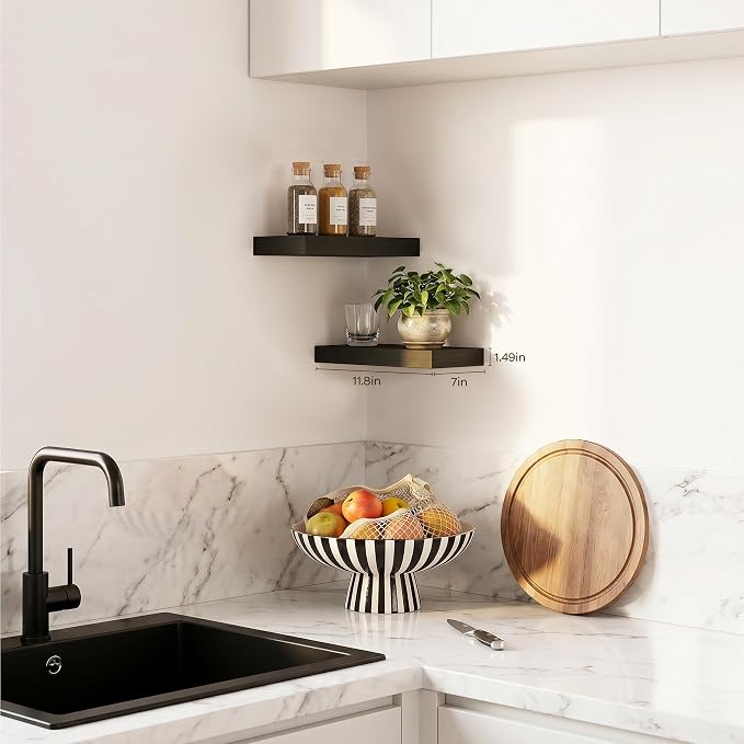 Black Floating Shelves for Wall Set of 2, 11.8 Inch Small Wall Shelves for Bathroom Over Toilet, Home Office & Bedroom Storage, Wall Mounted Display Shelves for Decor, Books & Collectibles
