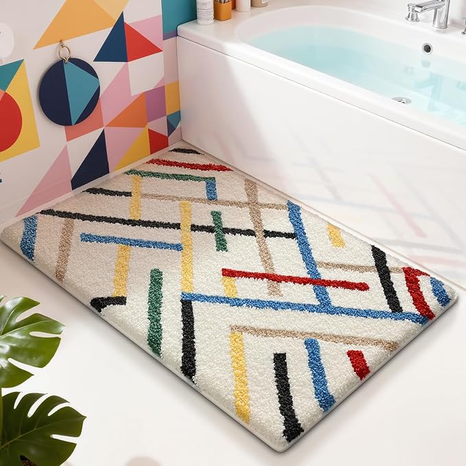 LUMI Bathroom Rugs with Colorful Line, Soft Absorbent Bath Mat for Modern Home Decor, Non-Slip Quick-Dry Bath Rug, Machine Washable Floor Mat for Shower and Tub, Entryway, 16"x24", Colored Line