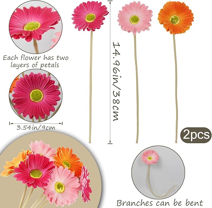 6 Pcs Artificial Gerbera Daisies Flowers Artificial Daisy Bouquet Fake Daisy Stems Faux Flowers Bulk Artificial Flowers Wildflowers Silk Flowers for Wedding Bridal Bouquet Party Home Kitchen