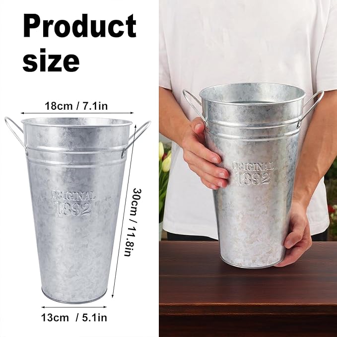 3 Packs 12 Inch Tall Galvanized Metal Flower Vases with Handles, Metal Flower Buckets for Cut Flowers, Country Wedding, Table Centerpiece Decorations(Sliver)