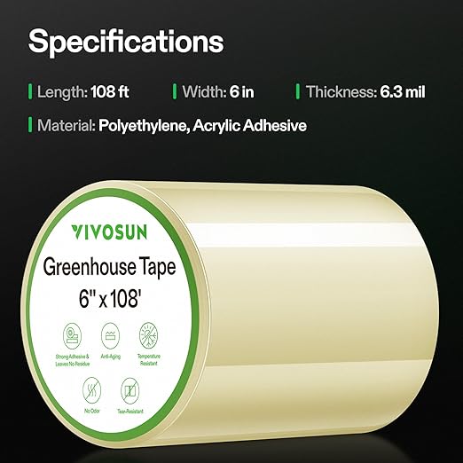 VIVOSUN Greenhouse Repair Tape, 6.3 mil 6" x108' Weatherproof Clear Poly Patch Tape, Heavy Duty Greenhouse Sheeting Coverings Film Tape for Plastic Sheeting and Tents