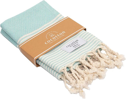 Boho Striped Turkish Hand Towels Set of 2 | 100% Cotton, 16 x 40 Inches | Decorative Bathroom Hair Face Gym Yoga Dishcloth Tea Kitchen Light Weight Quick Dry Farmhouse Towel (Mint)