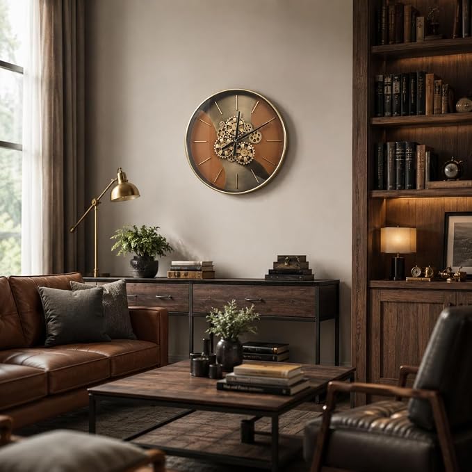 21.65 Inch Moving Gear Wall Clock, Battery Operated Steampunk Industrial Large Clock, Antique Bronze Metal Frame with 3D Scales, Unique Decorative Wall Clock for Living Room Farmhouse Office Decor