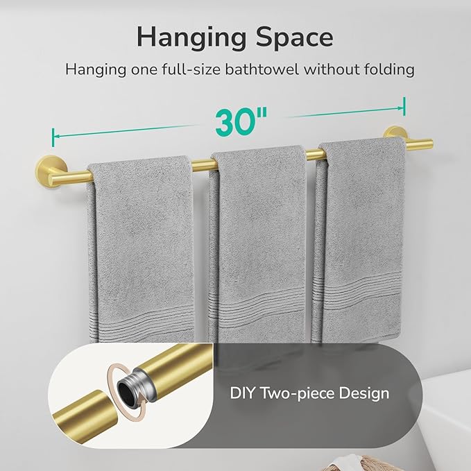 USHOWER Light Gold Bath Towel Bar, 30-Inch Towel Racks for Bathroom Wall-Mounted, SUS304 Stainless Steel Towel Rod (Total Length 32-Inch)