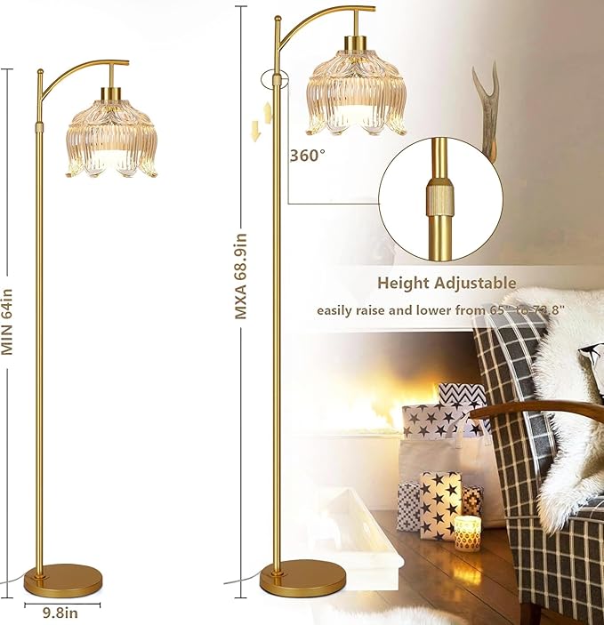 QIYIZM Flower Floor Lamp for Living Room,Bedroom,Gold Dimmable Standing Lamp with Remote,Glass Mid Century Modern Brass Tall Lamp Boho Floor Lamps Arc Stained Floor Light Lamp Bohemian