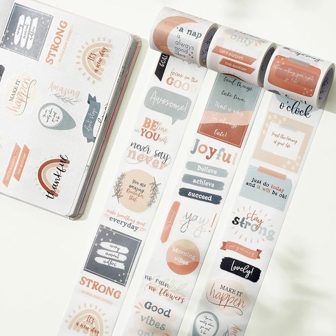 WT Motivational Washi Tape Sticker Set, 3 Rolls, Original Designs, Inspirational Frame Word Stickers, Vintage Decorative Tape, DIY Crafts, Bujo Planner Supplies, Journals Gifts, Adhesive Paper Tape