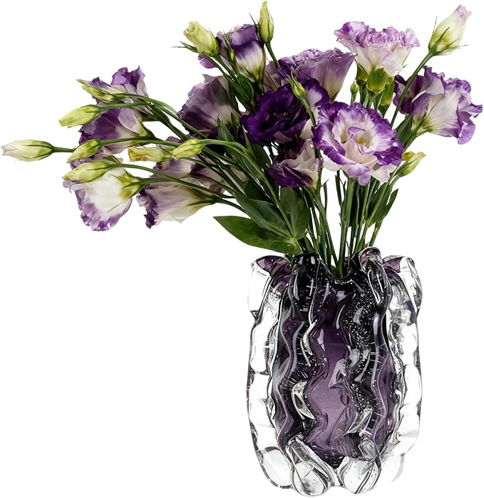 Blown Glass Bubble with Ruffled Edge Vase, Art Glass for Home Decor, Tall Vases for Centerpieces & Flowers, Crystal-Like for Bouquets & Pampas Grass, Vases Amber, Flower Bouquet Display (Purple, S)