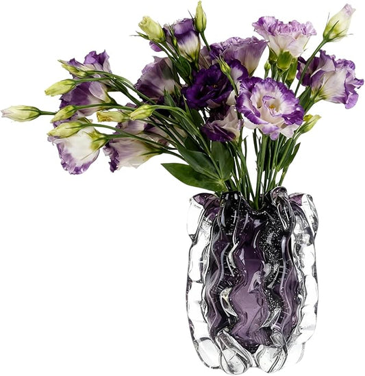 Blown Glass Bubble with Ruffled Edge Vase, Art Glass for Home Decor, Tall Vases for Centerpieces & Flowers, Crystal-Like for Bouquets & Pampas Grass, Vases Amber, Flower Bouquet Display (Purple, S)