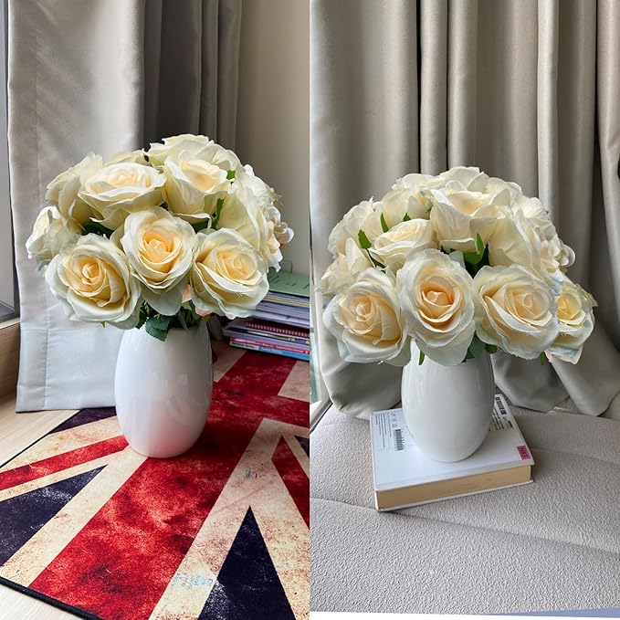 12 PCS Rose Artificial Silk Flowers, Fake Roses with Long Stems Realistic Faux Rose Flower Bouquets for Home Wedding Decoration Party-Champagne