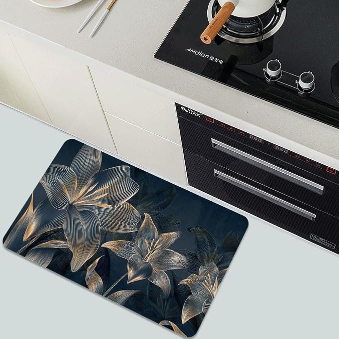Diatomaceous Earth Bath Mat,Abstract Dark Flowers in Golden line Non-Slip Volume Super Absorbent Fast Drying for Bathroom Kitchen mat,Eco-Friendly Easy to Clean 16×24Inch (40 * 60cm)