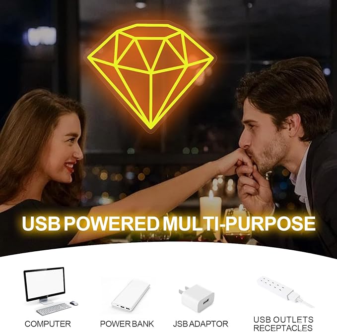 Diamond Neon Sign for Wall Decoration, Glowing Neon Sign, Adjustable Brightness Shining LED Sign Night Light for Man Cave Bedroom, Wedding, Living Room, Party, Bar, Office Decoration-Gold