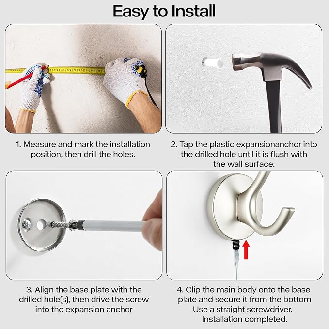 Matte Silver Towel Hooks 4 Pack, Heavy Duty Zinc Alloy Double Prong Coat Robe Hooks, Wall Mounted Towel Hooks for Bathroom, Kitchen, Closet, Garage, Entryway (195silver)