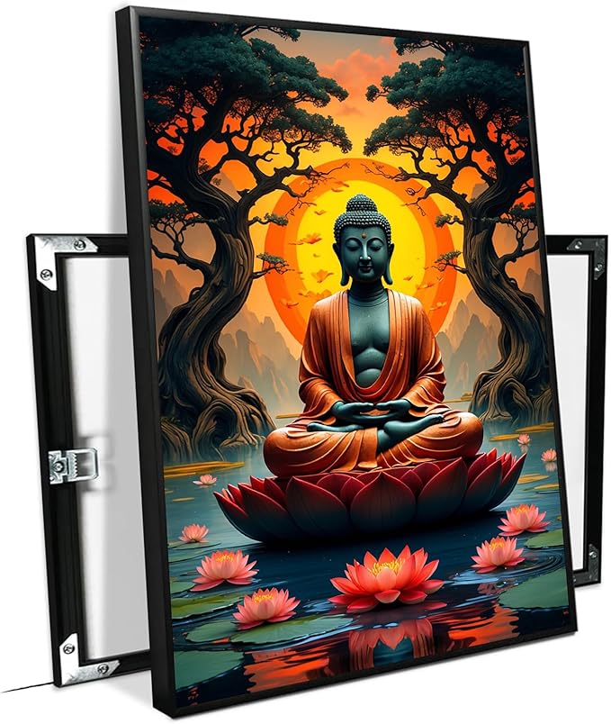 Canvas wall art Golden Buddha on lotus at sunset Ancient trees with reflections on water Serene meditation scene Uplifting wall art for mindfulness and tranquil home decor 20x30in Metal blackFramed