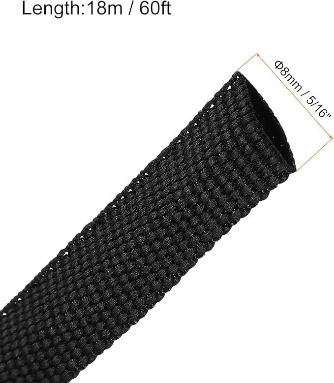 MECCANIXITY Braided Cable Sleeves Heat Shrinkable Fabric Sleeving, 5/16" 60ft Black 2:1 Ratio Heat Shrinkable Cord Protector for Harness Cable, Network Cable Protection, Cable Management