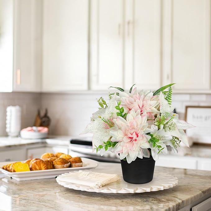 Pink Artificial Flowers Small Fake Flowers in Vase Peonies Dahlia Tiger Lily Potted Silk Flower Arrangements Faux Plants & Flowers Home Bathroom Kitchen Table Centerpieces Desk Decor
