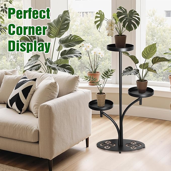 3 Tier Metal Plant Stand Indoor Outdoor, Tall Black Plant Shelf, Heavy-duty Base in the Shape of a Four-leaf Clover, Tiered Modern Corner Shelf, Suitable for Courtyard, Patio, Living Room, Bedroom