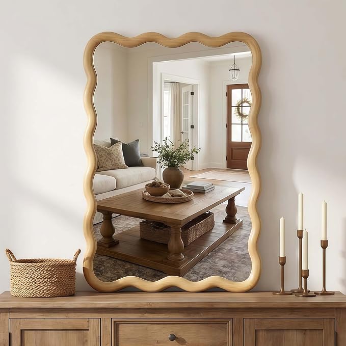 Majnesvon 20x30 Inch Asymmetrical Wall Mirror Wood,Rustic Irregular Shaped Vanity Mirror for Bathroom,Bedroom, Living Room, Entryway, Fireplace,Wall Decor,Solid Wooden Frame (Oak - 1, 20"x30" Inch)