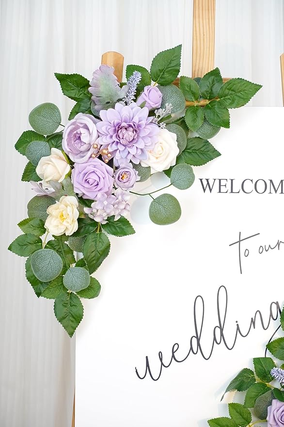 WEIERYUE(Pack of 2 Artificial Flowers Decorations,Artificial Arch Backdrop Garlandfor Ceremony Party Reception Entrance Welcome Easel Door Floral Decor Wall Home Entryway Outdoor(Cream Purple)