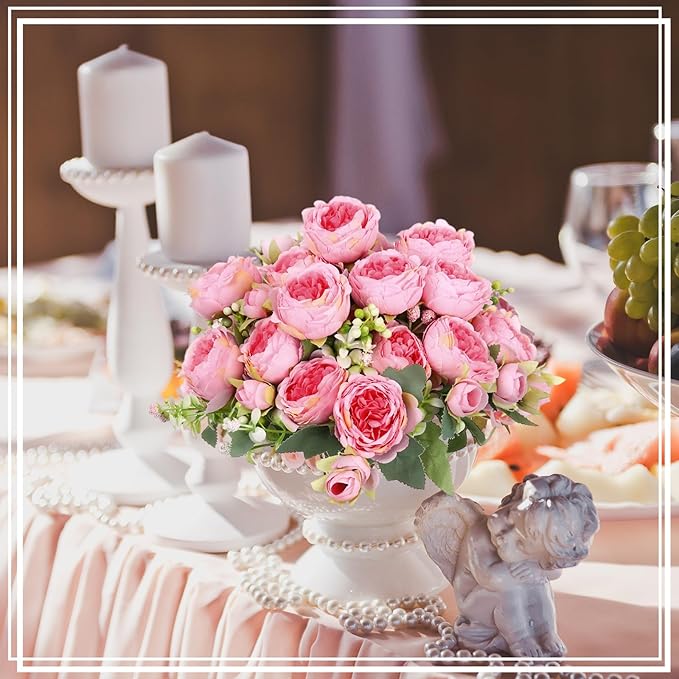 Crowye 8 Bundles Artificial Peonies Realistic Flowers with Stems Bouquet Peonies for Table Centerpieces Wedding Decoration Bridal Floral Arrangement (Dark Pink)