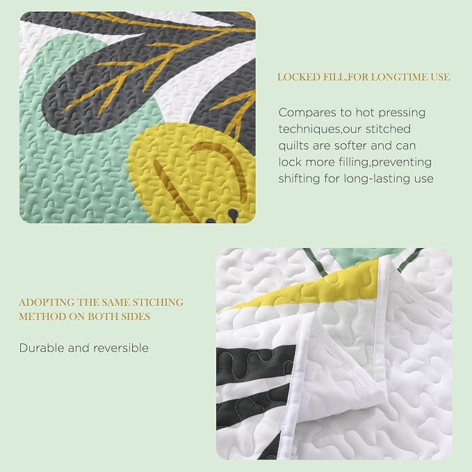 Andency Floral Boho Queen Quilt Bedding Set Green, 3 Pieces Farmhouse Flower Botanical Summer Bedspreads with 2 Shams, Soft Reversible Lightweight Microfiber Coverlet Set for All Season, 90"x96"