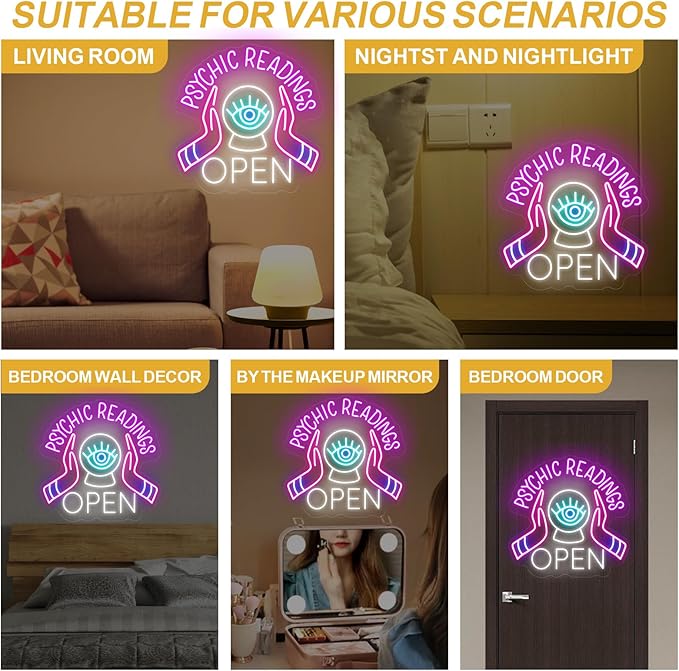 Psychic Readings Open Neon Sign, Palm Reader Wall Light, Home Wall Decor, Yoga Led Sign, Exercise Room Wall Decor, Pilates Studio Art Meditation Room Wall Art Psychic Chakras Healing Exercise