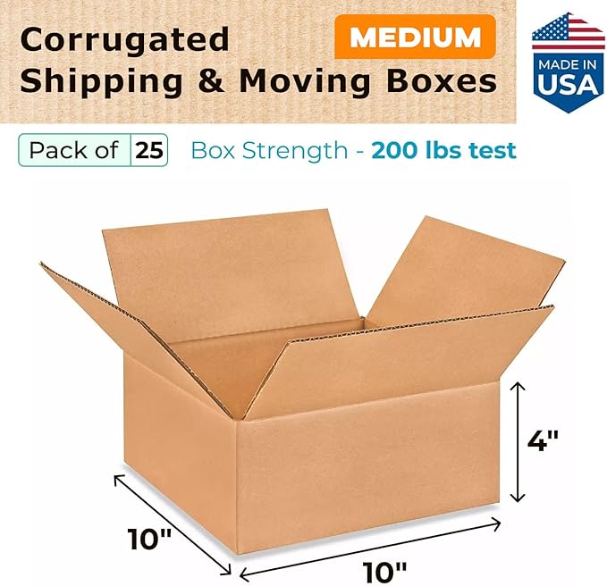 Medium Moving & Shipping Boxes 10"L x 10"W x 4"H (25-Pack) - Extra Strength 200 lb vs Regular - Corrugated Shipping Boxes for USPS/UPS/FEDEX - Box for Packing - Heavy Duty Box by IDL Packaging