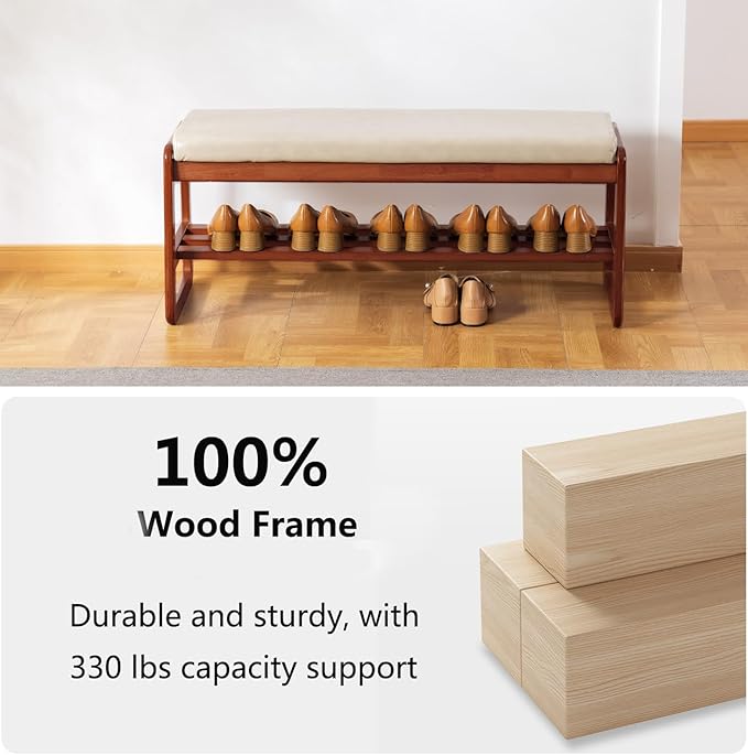 SOBIBO Solid Wood Shoe Bench, 2-Tier Wooden Entryway Bench, Modern Shoe Rack with Faux Leather Cushion for Hallway, Living Room (Gray, 39.4'')