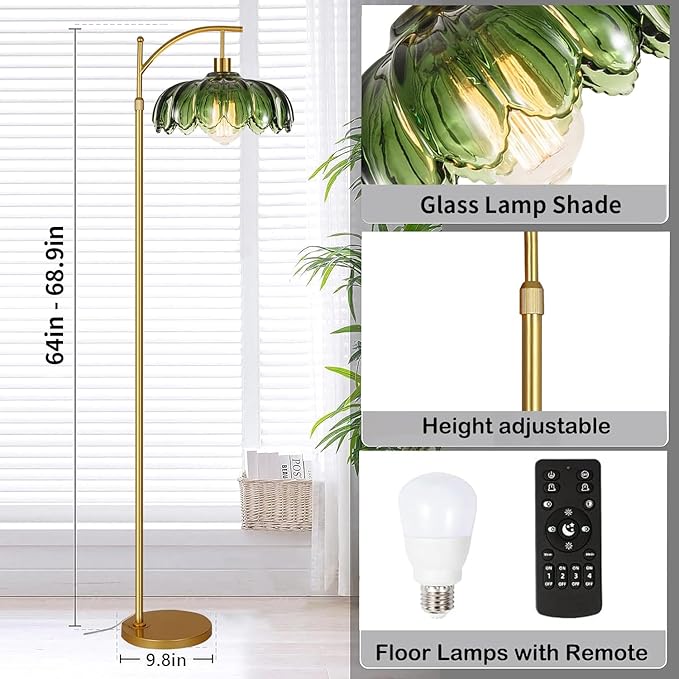 QIYIZM Glass Floor Lamp for Living Room,Bedroom,Gold Dimmable Standing Lamp with Remote,Mid Century Modern Brass Tall Lamp Boho Vintage Retro Floor Lamps Arc Green Flower Floor Light Lamp Bohemian