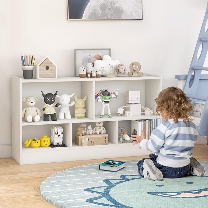 Toy Storage Organizer, 2-Tier Kids Bookshelf, 5 Cube Kids' Bookcases, Cabinets & Shelves, Wooden Toy Organizers, Small Book Shelf for Bedroom, Playroom, Classroom, Nursery (White)