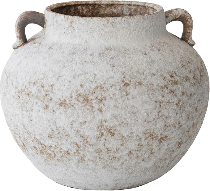 CozyWel Rustic White Two-Ear Ceramic Vase with Hand-Glazed, Textured Pottery Vase with Two Ears for Centerpieces, Kitchen, Living Room, Bedroom Decor Gifts (Rustic White, Short)