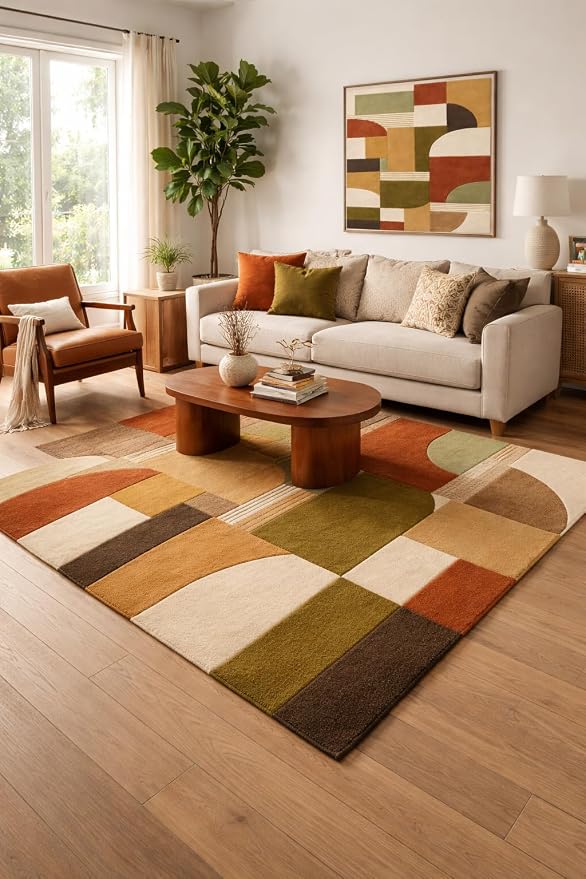 Hand Tufted Wool Geometric Rug – Mid Century Modern Terracotta Olive Cream Area Rug 8x10
