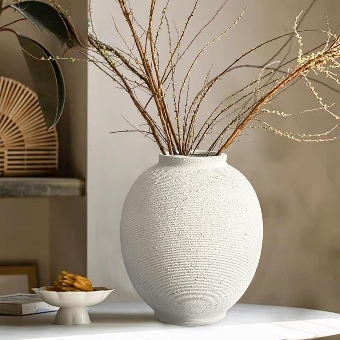Large White Ceramic Vase, 9.8 inch Round Minimalist Textured Vase, Rustic Farmhouse Decor for Home, Living Room, Shelf, Table, Wedding & Entryway Decoration (Sandstone White)