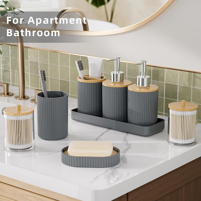 10PC Bathroom Accessories Set - Grey and Wooden Bathroom Sets, Bathroom Accessory Set with Pop Up Trash Can, Toilet Brush, Trash Can, Qtip Holder & Soap Dispenser
