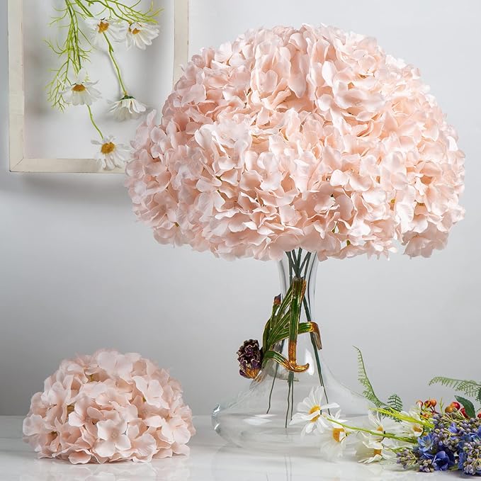 DuHouse Silk Hydrangea Artificial Flower Heads with Stems Fake Hydrangeas Flowers for DIY Wedding Centerpiece Home Decor,Pack of 6 (Blush)