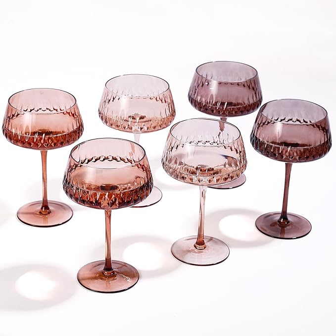 JOVGANK Amber Martini Glasses Set of 6, Hand Blown Colorful Glass 14Oz, Vintage Champagne Coupe Glasses, Large Brown Glass, Crystal Retro Style Bar Glasses, Housewarming and Mother's Day Gift