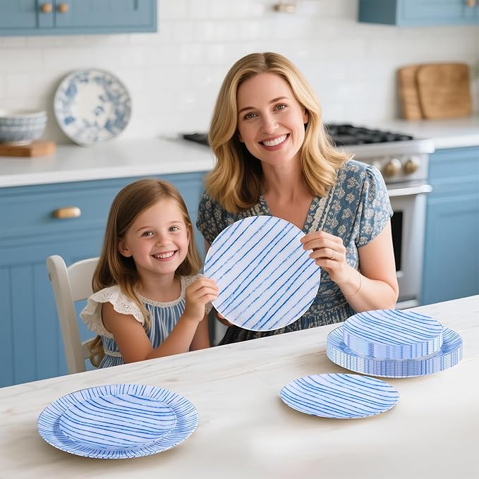 U-QE 20Pcs Blue Plastic Plates - Blue Stripes Hanukkah Plates Disposable Heavy Duty, Fancy Stripes Pattern Perfect for Hanukkah, Weddings, Tea Parties, Holidays - 10.25" Dinner & 7.5" Dessert Plate