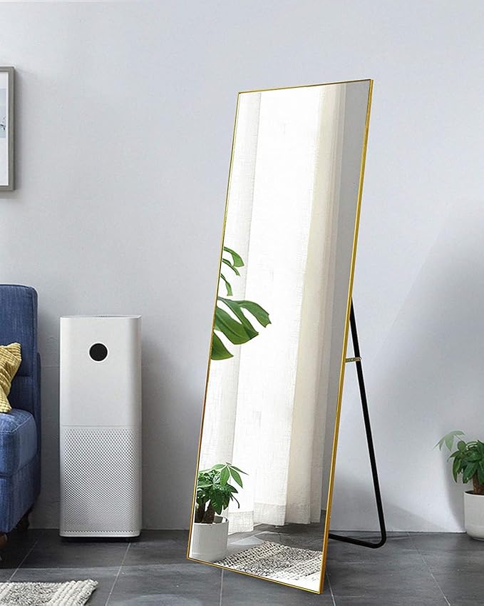 Dewfig Full Length Mirror with Stand, 64" x 21" Free Standing Floor Mirror, Full Body Mirrors, Hanging or Wall Mounted Mirrors for Bedroom, Rectangle Shape, Metal Frame,Gold
