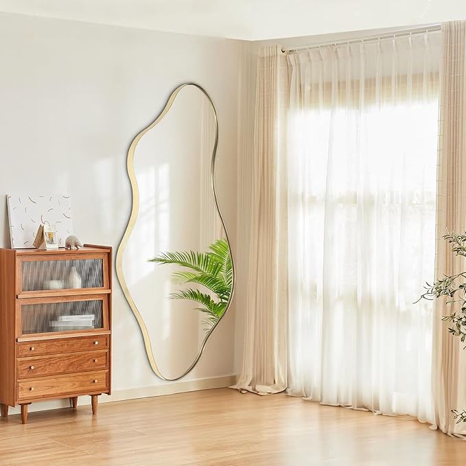 Large Irregular Wall Mirror, 63"x29.2" Asymmetrical Full Length Mirror with Gold Metal Frame, Organic Shaped Mirrors for Living Room Bedroom Hallway Entryway, Horizontal or Vertical Hanging