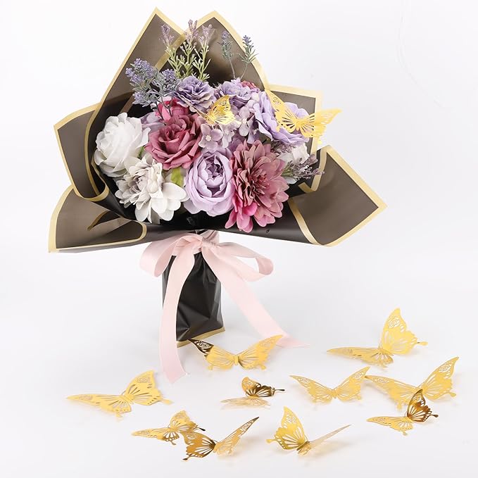 40 Sheets Flower Wrapping Paper, Waterproof Floral Paper Black Wrapping Paper for Flower Bouquet with 12 Pcs Gold Butterfly