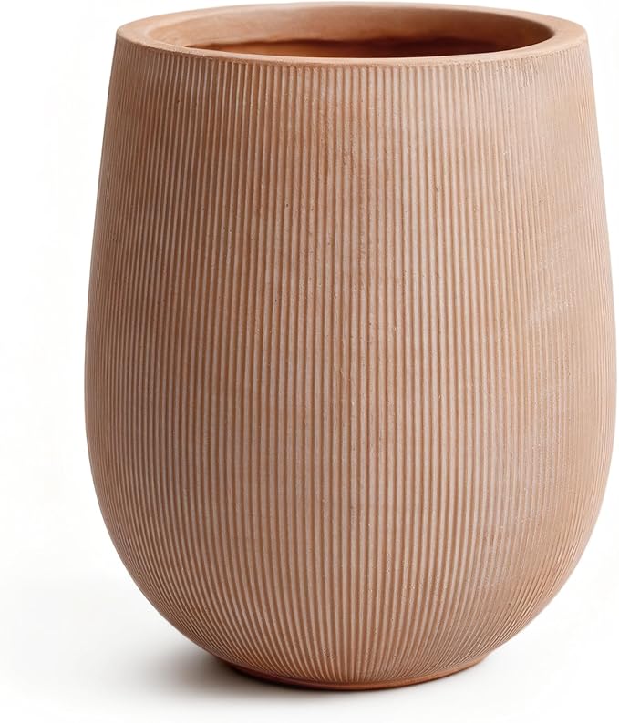 18.7" H Round Planter — Lightweight Magnesium Oxide Cement, Striped Textured Finish, Large Planter with Drainage Hole for Indoor & Outdoor