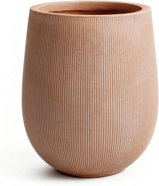 18.7" H Round Planter — Lightweight Magnesium Oxide Cement, Striped Textured Finish, Large Planter with Drainage Hole for Indoor & Outdoor