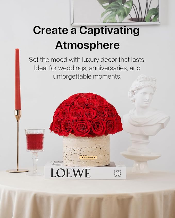 JoyFlower Preserved Flowers Vase, Yellow Cave Stone Flower Vases for Centerpieces, Eternal Flower Decorations for Party Home Living Room Bedroom Coffee Table, Red Flower Vase Unique House Decor