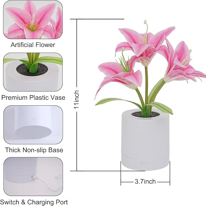 WSYEAR Pink Morning Glory Flowers Table Lamp, Charging Dimmable Cordless Artificial Flower Night Light, Bedroom Office Decor Night Light, Christmas Birthday Gifts for Women Mom